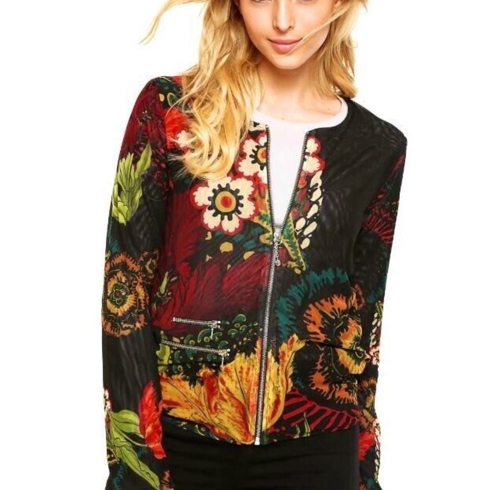 Desigual Artistic Mesh Lined Floral Zipper Jacket Size 8 Medium